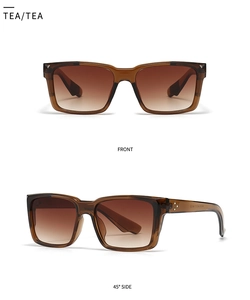 Detail view of tea-colored gradient lenses and vintage style sunglasses frame
