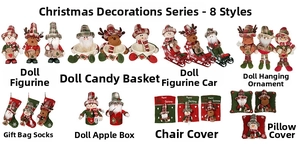 Detailed catalog of 8 Christmas decorations including Santa, snowman, and reindeer fabric crafts