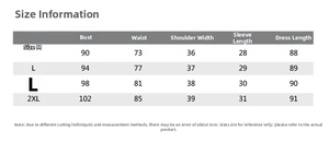 Size information chart for vintage V-neck flare sleeve dress with porcelain print