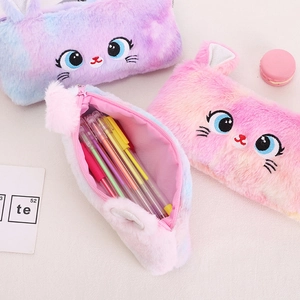 Cat plush pencil case with zipper and large capacity in pink and blue gradient colors