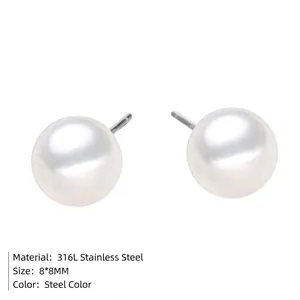Classic 316L stainless steel stud earrings featuring white 8mm round faux pearls