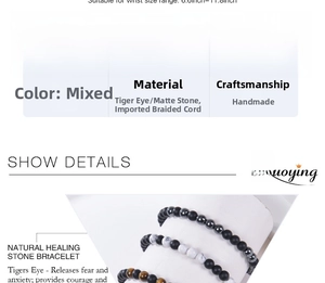 Détail du bracelet code Morse en œil de tigre et pierre mate 6mm avec cordon