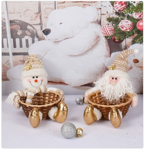 Detail of Christmas candy basket with plush Santa and Snowman holiday tabletop decor