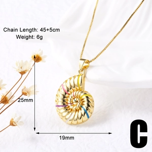 Detail of 18k gold plated conch pendant with colorful enamel stripes and box chain necklace