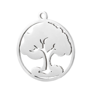 Macro shot of silver titanium steel hollow Tree of Life pendant with polished finish