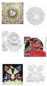 Detail view of Mandala and character coloring pages showing line art and finished colored art
