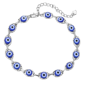 S925 silver Evil Eye anklet with blue glass charms and adjustable chain for beach wear