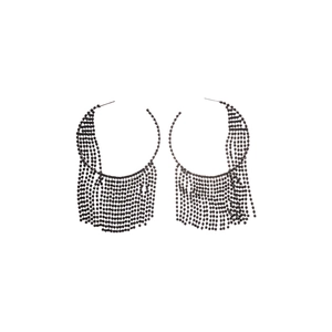 Elegant black beaded multi-layer tassel hoop earrings with sparkling crystal accents