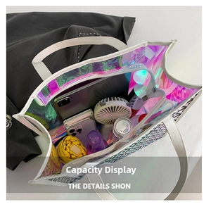 Top view of large capacity holographic laser tote bag showing organized interior items