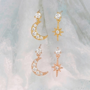Orecchini Asimmetrici Luna Stella Rame Zircone Con Perno Argento 925 Gioielli Eleganti Placcati Oro 18K Da Donna