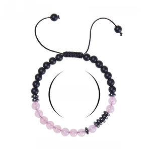Bracelet code Morse avec cristal rose et perles noires mates, design ajustable