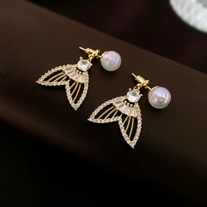 Boucles D'oreilles Künstliche Perle Sirène Queue De Poisson En Zircon Avec Tige En Argent Sterling 925 Cuivre Bijoux De Luxe Pour Femmes