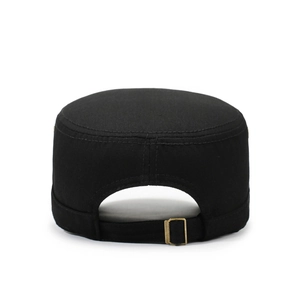 Classic black flat top military cap for men featuring adjustable bronze metal back buckle