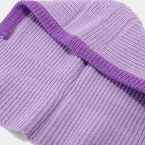 Close-up of the ribbed knit texture and purple two-tone stitching on the balaclava hat