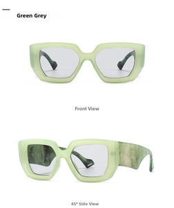 Detail of green geometric sunglasses featuring vintage frames and marble temples