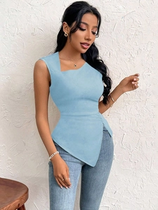 Close-up of light blue slim fit sleeveless top with asymmetrical neck and irregular hem