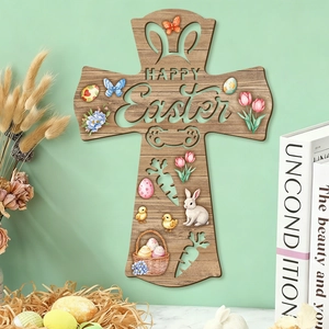 Easter Cross Wooden Wall Hanging Decoration Happy Easter Hollow Out Poplar Wood Rabbit Egg Tulip Print Festive Ornament