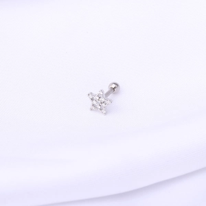 Macro view of 16G silver star stud earring with clear crystals and screw ball back