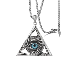 Vintage silver triangle evil eye pendant necklace with blue eye and hip hop box chain