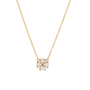Minimalist gold titanium necklace with clover pendant and white crystals for women