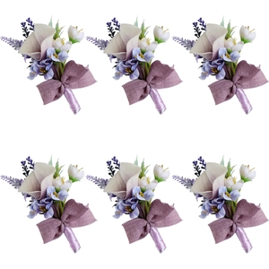 Set of 6 purple Calla Lily boutonnieres with lavender accents and ribbons for weddings