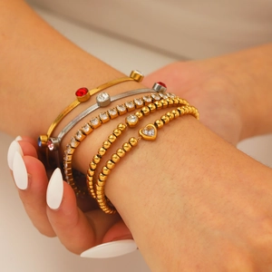 5-piece stackable 18K gold plated stainless steel bracelet set with colorful zircons