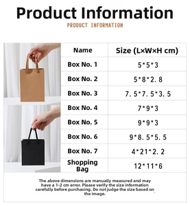 Detailed size chart for kraft paper jewelry boxes including rings and necklaces packaging