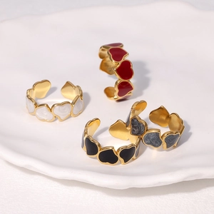 Heart Ring Stainless Steel 18K Gold Plated Enamel Open Adjustable INS Style Elegant Finger Jewelry For Women