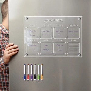 Magnetic acrylic weekly planner board on fridge with six colorful dry erase markers