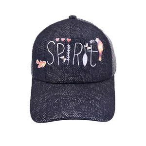 Sparkly navy mesh trucker hat with white SPIRIT text and embroidery details