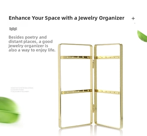 Folding metal earring organizer in gold finish with two-tier hole design for jewelry
