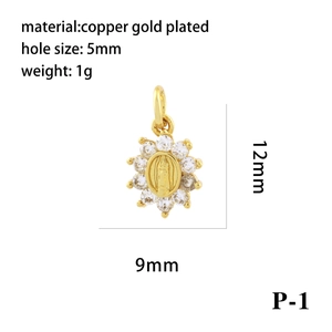 Detail view of 18K gold plated copper pendant with relief figure and zircon inlays