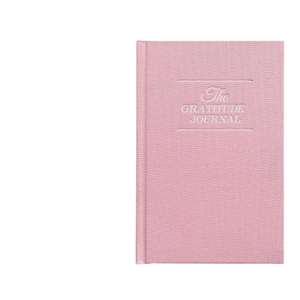 Pink linen fabric Gratitude Journal A5 notebook with embroidered lettering on white background