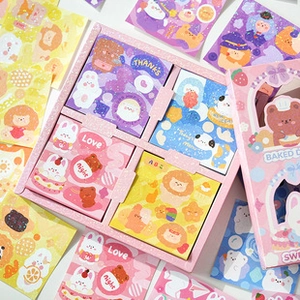 Pink cartoon sticker set with cute patterns and sweet decorative text in a gift box