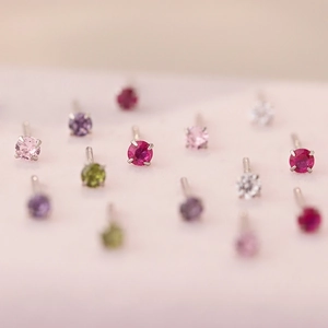 Minimalist 999 sterling silver stud earrings with colorful cubic zirconia in multi-color sets