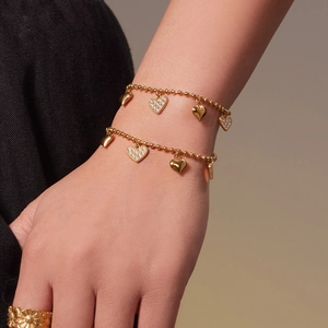 18k gold plated heart charm bracelet set with sparkling zircon stones in layered design