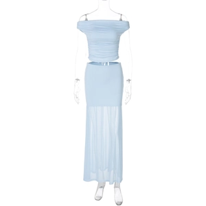 Detail of light blue two-piece set featuring off-shoulder ruched top and mesh skirt