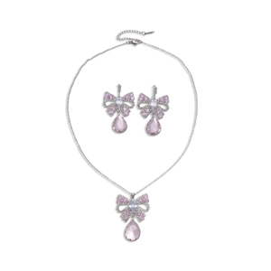 Elegant jewelry set with pink crystal bow and teardrop pendant necklace and earrings