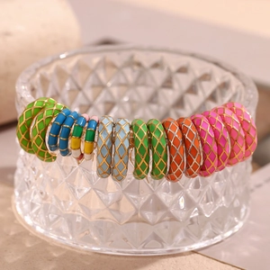 18K gold plated stainless steel C-shape earrings with colorful enamel and grid pattern