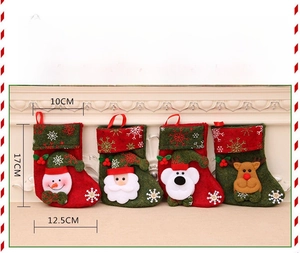 Detail of Christmas stocking ornaments featuring 3D cartoon snowman and reindeer figures