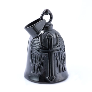 Polished stainless steel motorcycle guardian bell with cross and angel wing relief