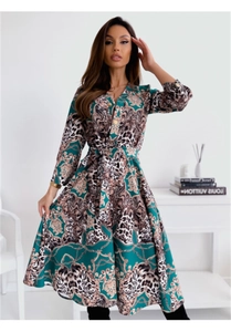 Damen V-Ausschnitt Langarmkleid mit Blumendruck, Bindegürtel und Barock-Leopardenmuster