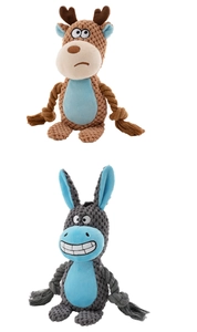 Detailed close-up of plush pet squeaky toys with durable cotton ropes for dogs