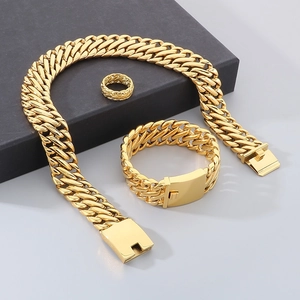Gold stainless steel Cuban link set including necklace, bracelet and ring in a gift box