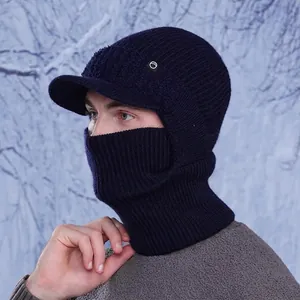 Men's navy blue knitted balaclava with visor and neck warmer for winter wind protection