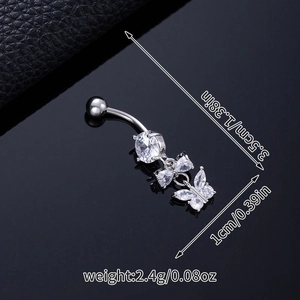 Macro shot of silver butterfly belly ring with zircon tassels showing 3.5cm length detail