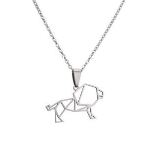 Silver stainless steel necklace with geometric origami lion pendant on white background