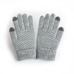 Winter thermal grey knit gloves with touchscreen fingertips and thick fleece lining for warmth