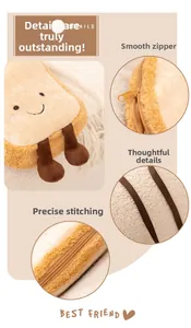 Détails du zip fluide et des coutures précises sur le sac bandoulière en peluche toast