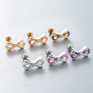 Set of titanium steel bowknot earrings with colorful zircons in gold and silver finish